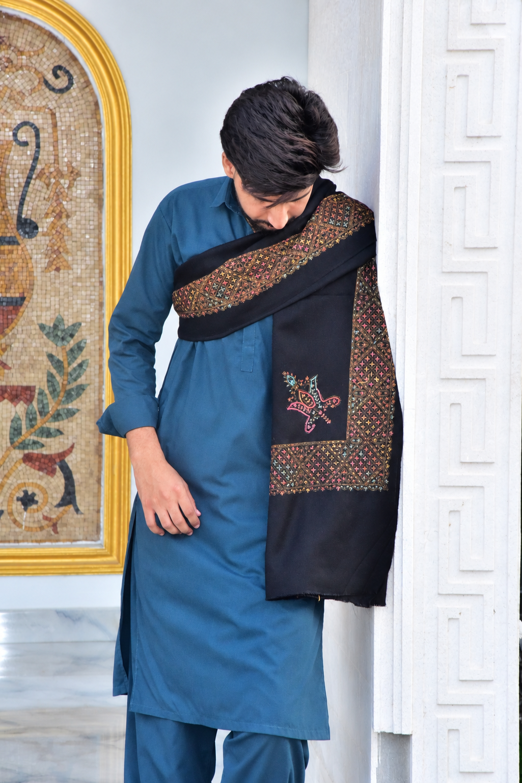 Traditional Blue Shalwar Kameez with Embroidered Black Shawl